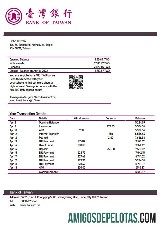 Modelo de extrato bancário do Banco de Taiwan de Taiwan